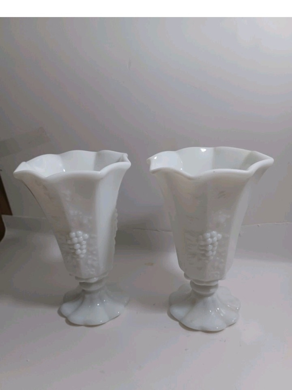 Westmoreland Vintage Milk Glass Grape Motif Pedestal Vases - White Set Of (2)
